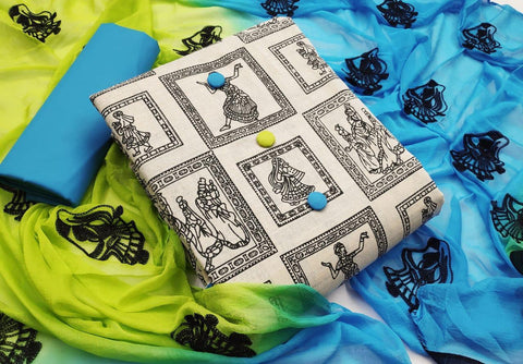 Amazeballs Off White & Blue Cotton Printed Salwar Suit for Women