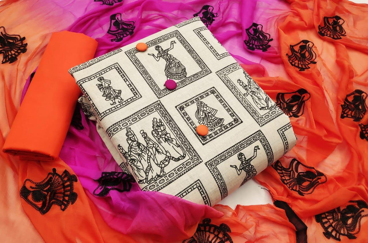 Knockout Off White & Orange Cotton Printed Salwar Suit for Women