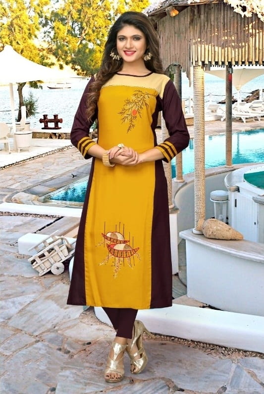 Smashing Yellow Rayon Ready Made Embroidered Work Kurti for Women