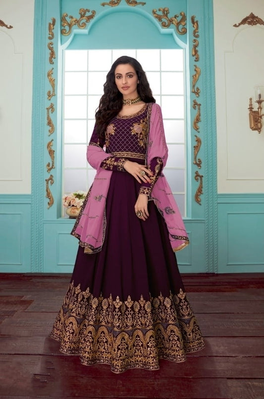 Bootylicious Wine Georgette Chine Stitch Work Designer Salwar Suit for Women