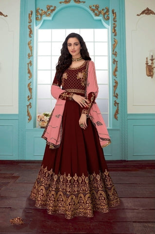 Beauteous Maroon Chine Stitch Work Georgette Salwar Suit for Women