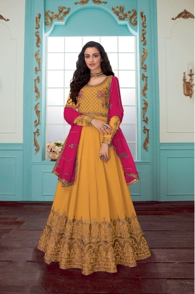 Pulchritudinous Mustard Georgette With Chine Stitch Work Salwar Suit for Women