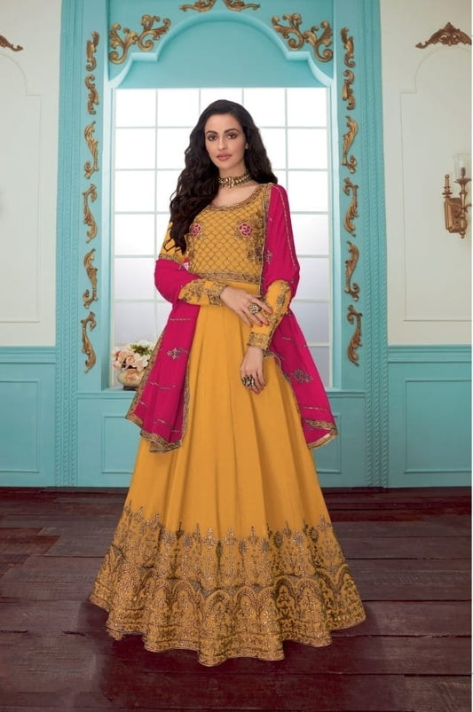 Pulchritudinous Mustard Georgette With Chine Stitch Work Salwar Suit for Women