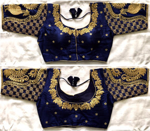 Splendid Navy Blue Sequence Work Full Stitched Silk Blouse for Women