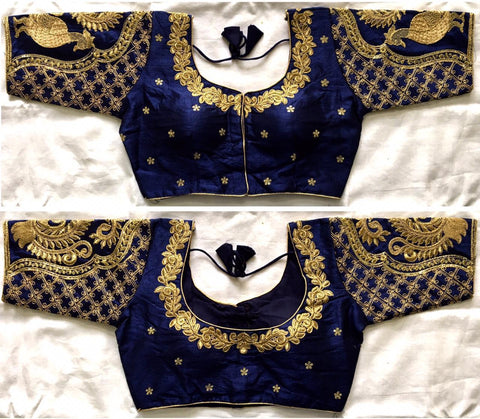 Splendid Navy Blue Sequence Work Full Stitched Silk Blouse for Women
