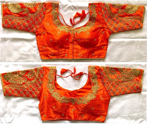 Pretty Orange Silk With Sequence Work Ready Made Blouse for Women