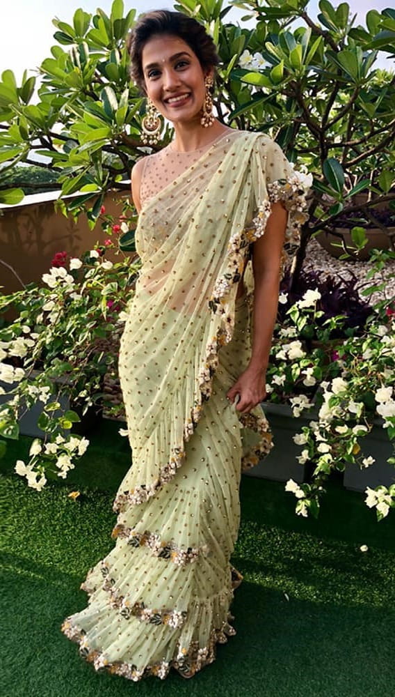 Radiant Green Net Ruffle Embroidered Sequence Work Designer Saree for Women