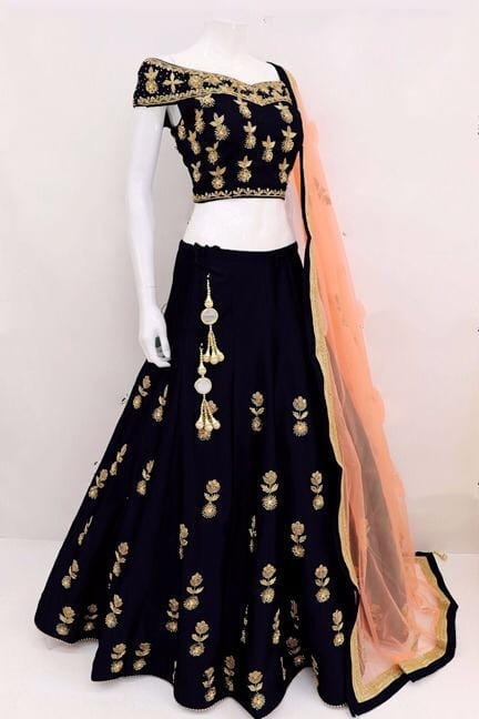 Alluring Black Tapetta Silk With Embroidered Work Lehenga Choli for Women