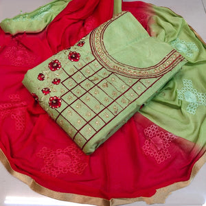 Splendid Pista & Red Chanderi Cotton With Embroidered Work Salwar Suit for Women
