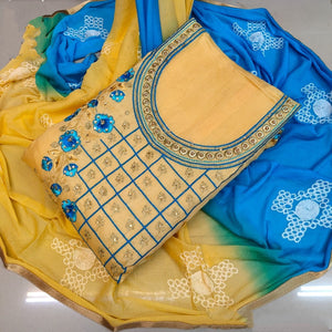 Imposing Yellow & Sky Blue Chanderi Cotton With Embroidered Work Salwar Suit for Women