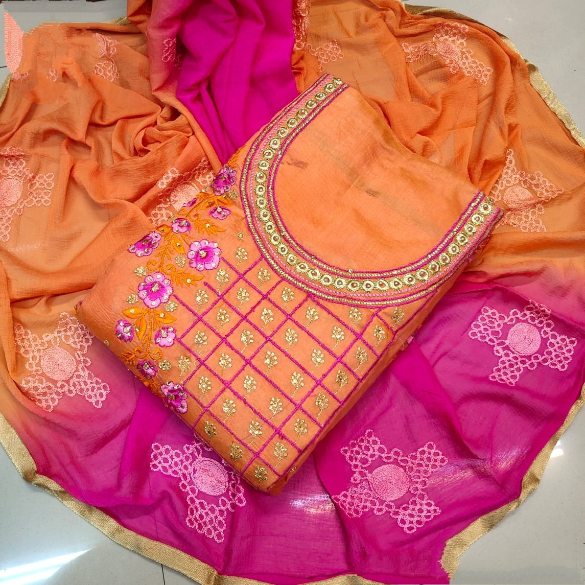 Breathtaking Orange & Rani Chanderi Cotton With Embroidered Work Salwar Suit for Women