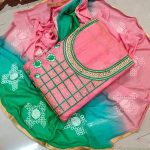 Mind-Boggling Peach & Green Embroidered Work Chanderi Cotton Salwar Suit for Women