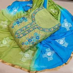 Mind-Blowing Sky Blue & Pista Embroidered Work Chanderi Cotton Salwar Suit for Women