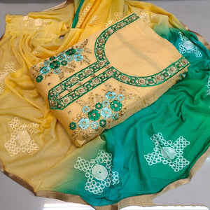 Fabulous Yellow & Green Chanderi Cotton Embroidered Work Salwar Suit for Women