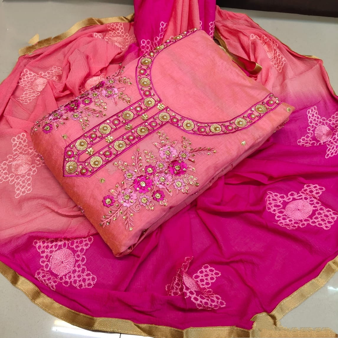 Fab Pink & Rani Chanderi Cotton With Embroidered Work Salwar Suit for Women