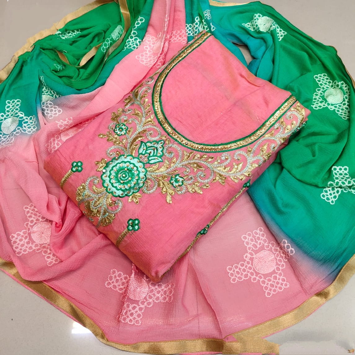 Fantastic Green & Peach Chanderi Cotton With Embroidered Work Salwar Suit for Women