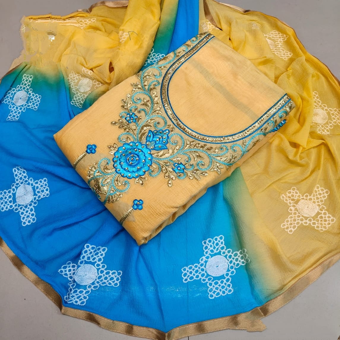 Tremendous Sky Blue & Yellow Chanderi Cotton Embroidered Work Salwar Suit for Women