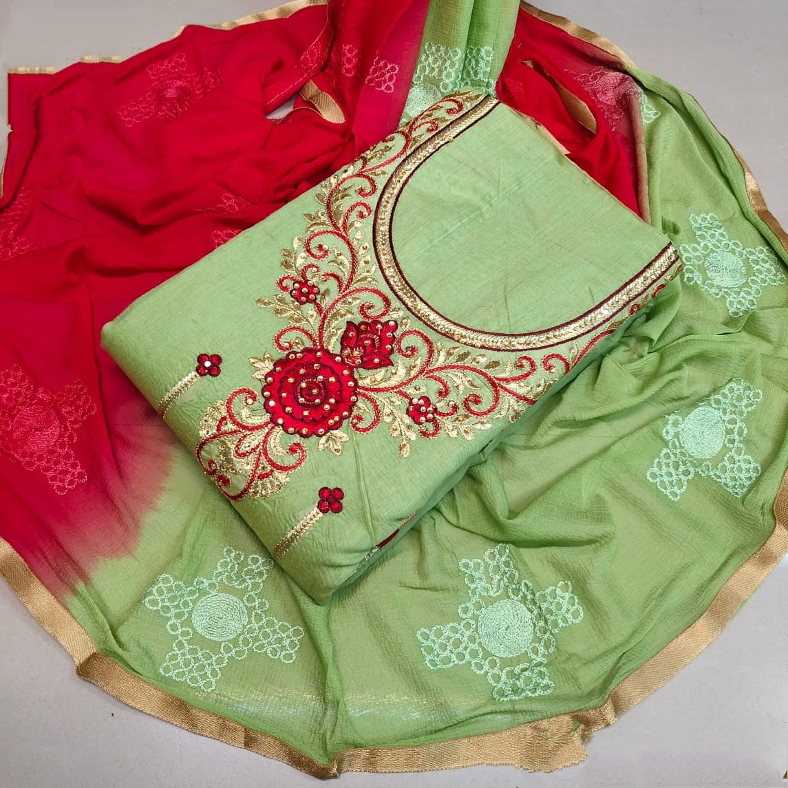 Wondrous Red & Pista Chanderi Cotton Embroidered Work Salwar Suit for Women