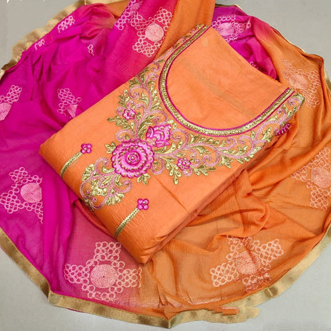 Beautiful Rani & Orange Chanderi Cotton Embroidered Work Salwar Suit for Women
