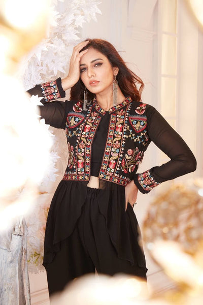 Black color Designer Ethnic Wear Top Pent and jacket Indo Western for women