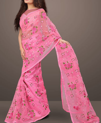 Attractive Pink Floral Embroidered Work Silk Saree Blouse