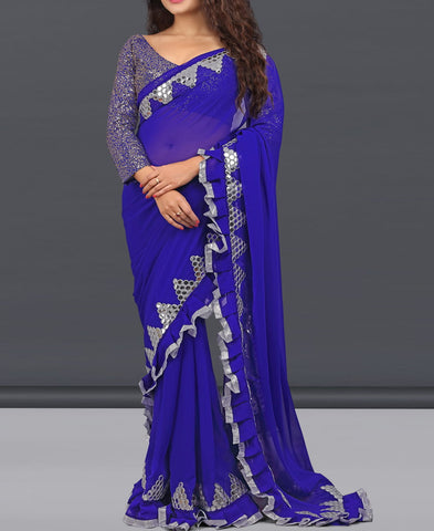 Lovely Royal Blue Georgette Foil Mirror Sequence Work Saree Blouse