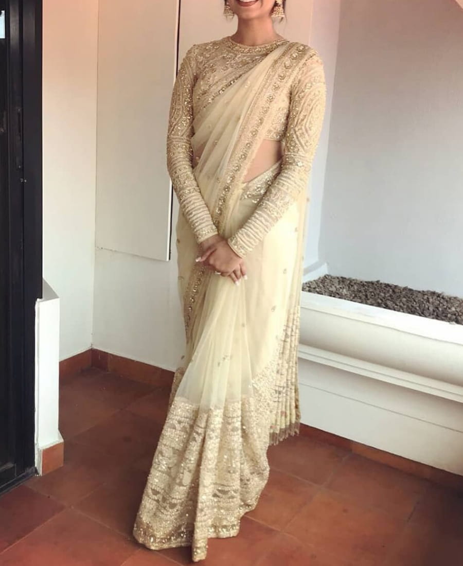 Good-Looking Off White Net Multi Thread Sequence Stone Lace Work Saree Blouse
