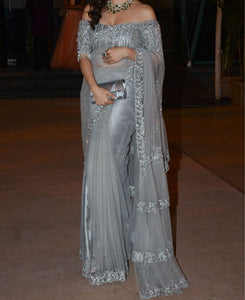 Comely Grey Net Zari Embroidered Work Saree Blouse