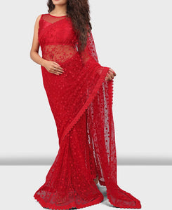 Pretty Red Color Party Wear Net Designer Embroidered Work Saree Blouse