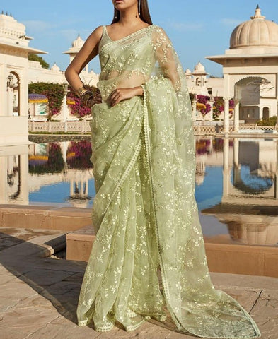 Sensational Pista Color Net Embroidered Design Saree With Blouse