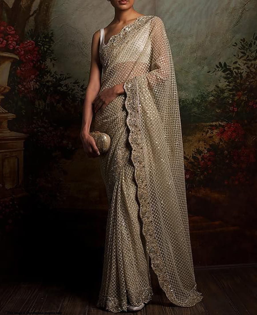 Ravishing Cream Colour Net Sequence Embroidery Work Design Saree Blouse