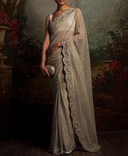 Ravishing Cream Colour Net Sequence Embroidery Work Design Saree Blouse