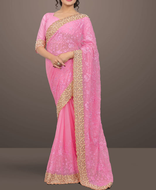 Striking Rose Pink Designer Georgette Embroidered Stone Work Saree Blouse