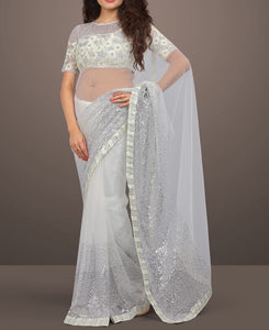Dazzling White Colour Net Thread Sequence Embroidered Work Saree Blouse