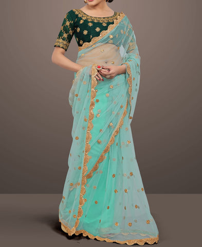 Wonderful Aqua Blue Colour Net Thread Embroidered Work Saree Blouse