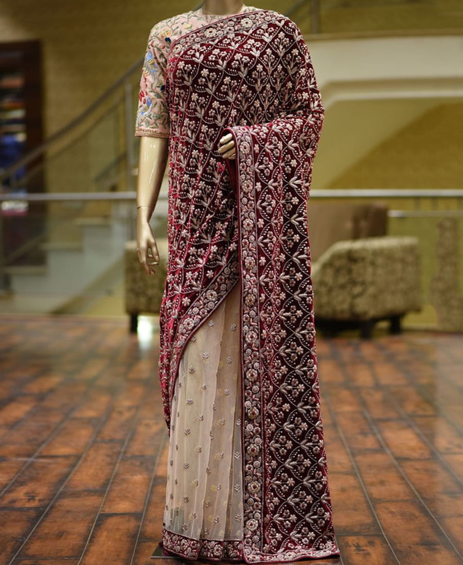 Magnificent Maroon Velvet And Net Embroidered Work Saree Blouse