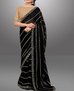 Glorious Black Party Wear Georgette Sequence Thread Work Saree Blouse