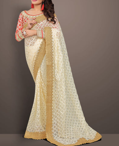 Captivating Cream Colour Nylon Net Chain Stitch Multi Thread Work Saree Blouse