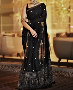 Bewitching Black Colour Georgette Sequence Codding Work Saree Blouse
