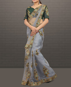 Charming Grey Colour Tissue Silk Multi Embroidered Work Saree Blouse