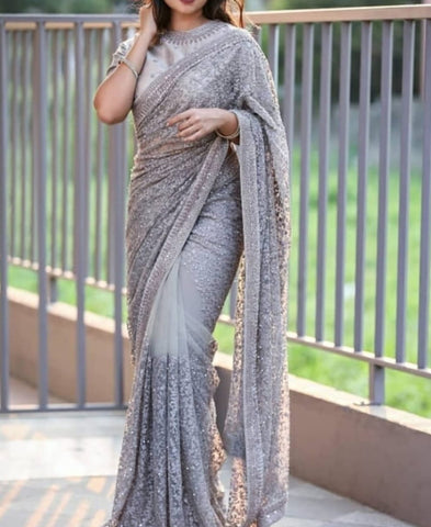 Alluring Grey Party Wear Net Sequence Embroidered Work Saree Blouse