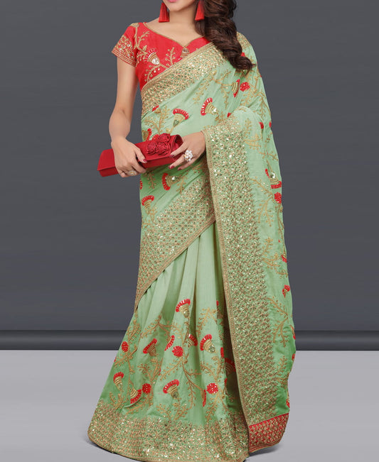 Exquisite Pista Colour Vichitra Silk Embroidered Diamond Work Saree Blouse