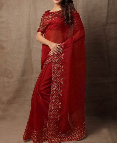 Gorgeous Red Colour Net Thread Embroidered Work Saree Blouse
