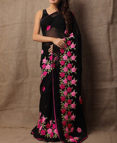 Knockout Black Colour Georgette Satin Ribbon With Pink Flower Design Saree Blouse