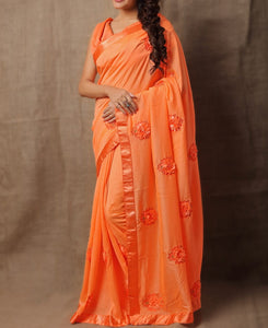 Smashing Orange Georgette Satin Flower Ribbon Saree Blouse