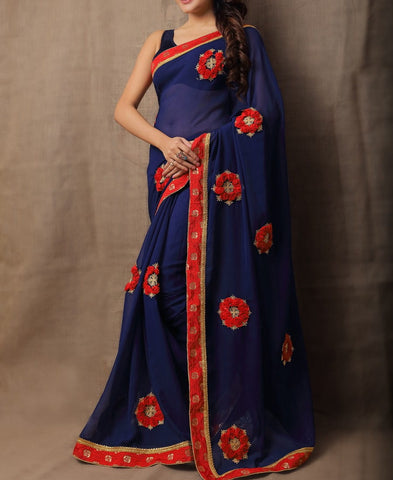 Beauteous Navy Blue Georgette Satin Red Flower Ribbon Design Saree Blouse