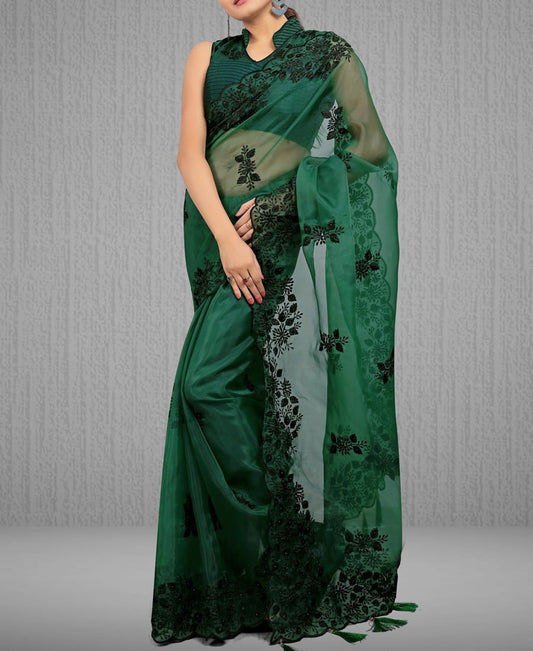 Remarkable Dark Green Organza Silk Thread Stone Work Saree Blouse
