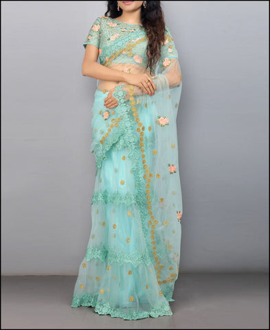 Extraordinary Light Aqua Blue Colour Net Hand Embroidered Work Saree Blouse