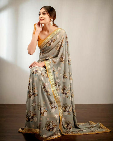 Phenomenal Grey Georgette Zari Sequence Work Printed Saree Blouse