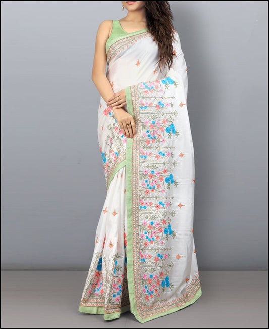 Fabulous White Silk Flower Design Embroidered Work Saree Blouse